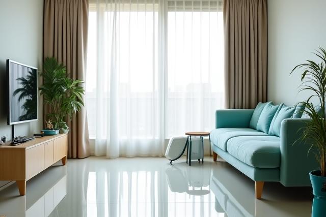 定期清掃の様子、清潔なリビングルーム