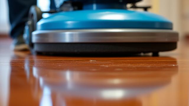 専門的な機器で磨かれた光沢のある木製フローリング、床ケアの専門性を示す